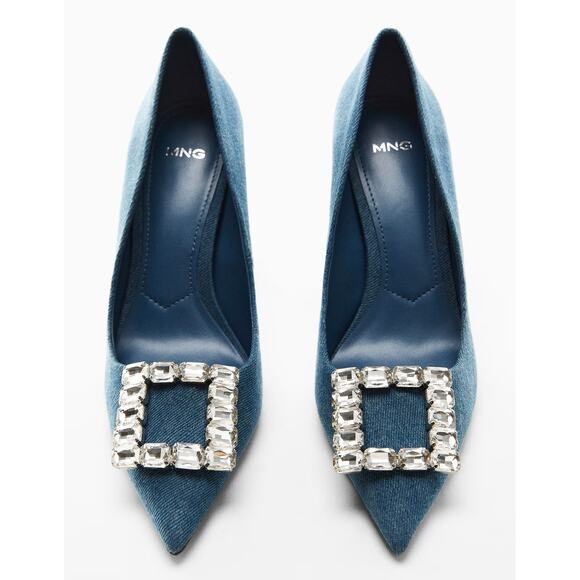 MANGO Denim Crystal Buckle Heels NWT – Embellished Pointed Toe Pumps, Size 8.5 - Picture 5 of 12